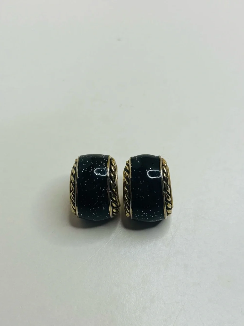 Vintage Gold Tone Rope Twist J Hoop Earrings Black Galaxy Enamel Sparkle Hoops
